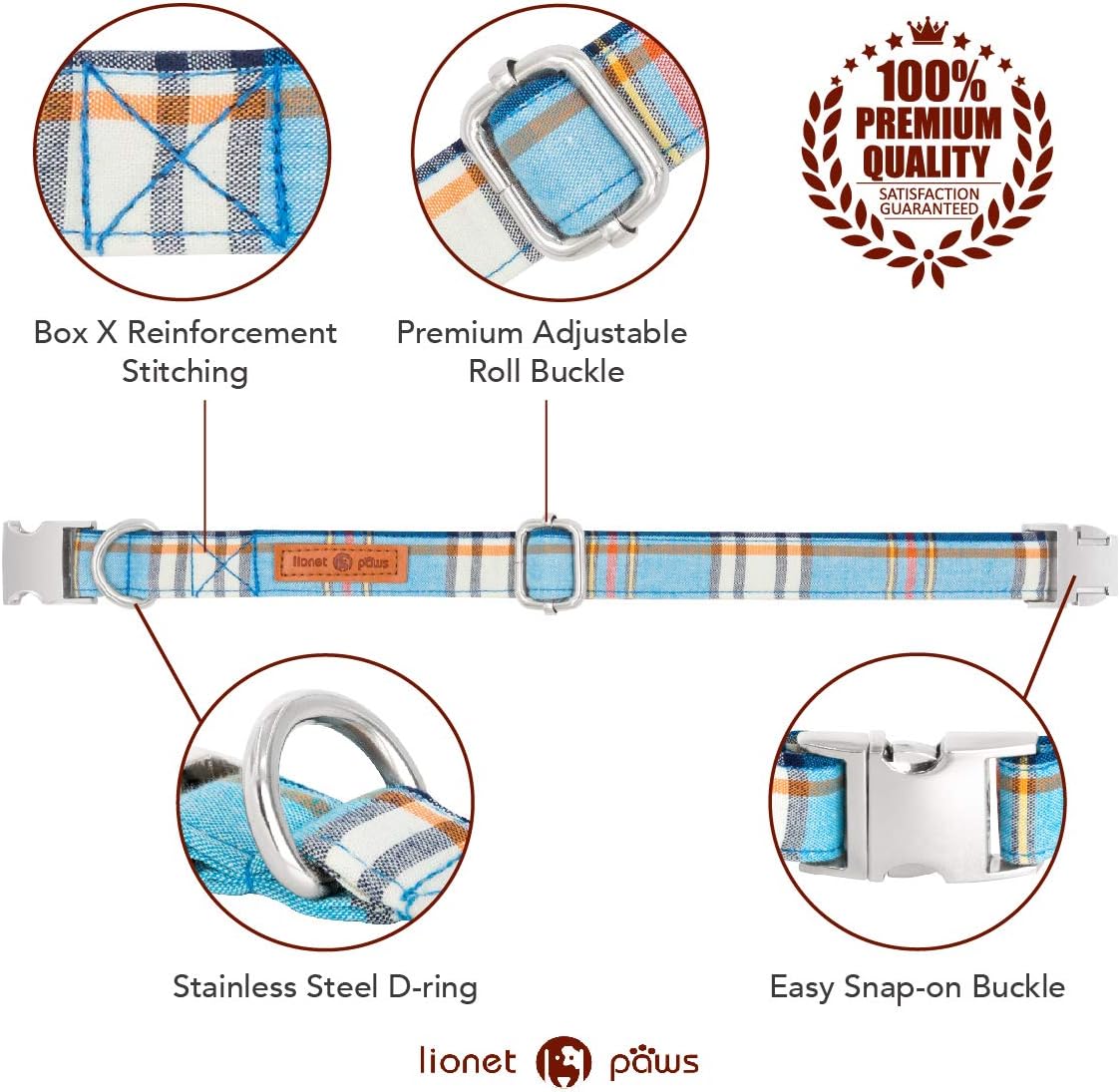 Lionet Paws Boy Dog Collar with Bowtie, Comfortable Adjustable Cute Blue Plaid Bow Tie Collar for Male Dogs Gift, Medium, Neck 13.5-22 inches