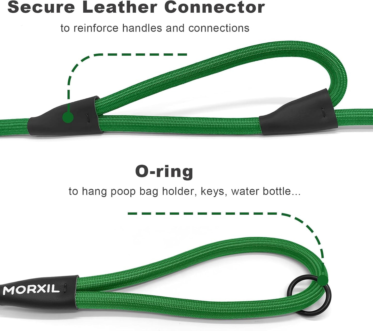 Rope Dog Leash with Two Handles, 6 Foot Heavy Duty Dog Leash with Aviation Aluminum Auto Locking Carabiner, Strong Nylon Pet Lead for Small, Medium, Large Dogs (Green, 6FT-Two Handle)