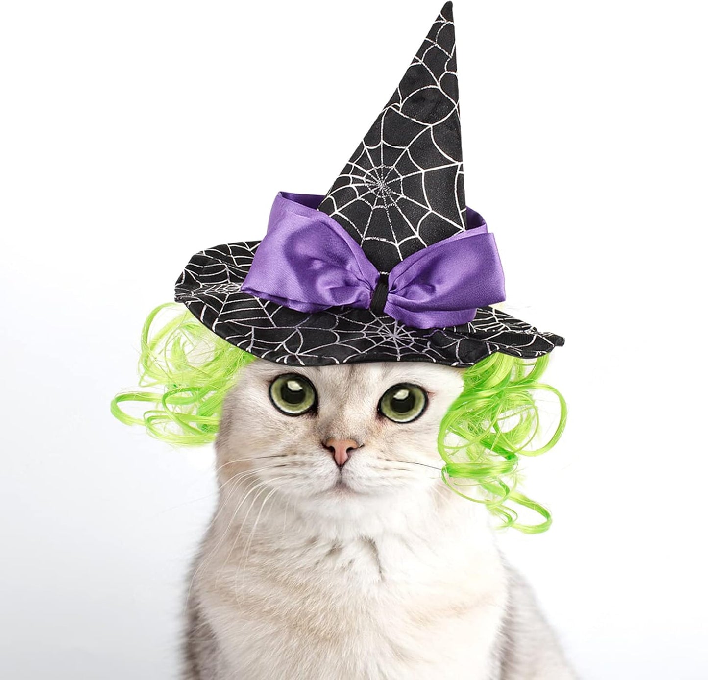 Enjoying Pet Halloween Costumes for Cats Small Dogs, Cat Witch Hat with Funny Wig, Adjustable Doggie Witch Hat Outfit, Kitten Halloween Sorcery Hat Cosplay