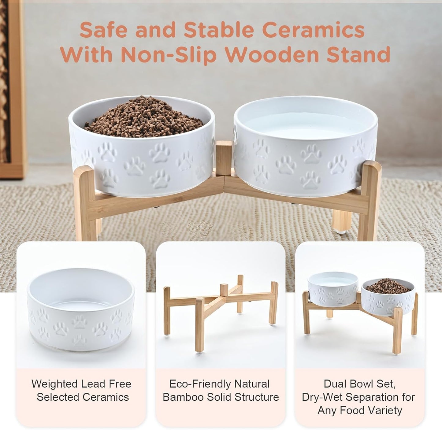 SPUNKYJUNKY Elevated Dog Bowls Ceramic, 7.3'' Dogs Food Water Bowls Raised with Non-Slip Bamboo Stand for Medium to Large Sized Breed Microwave Dishwasher Safe - 42 OZ,Paw White