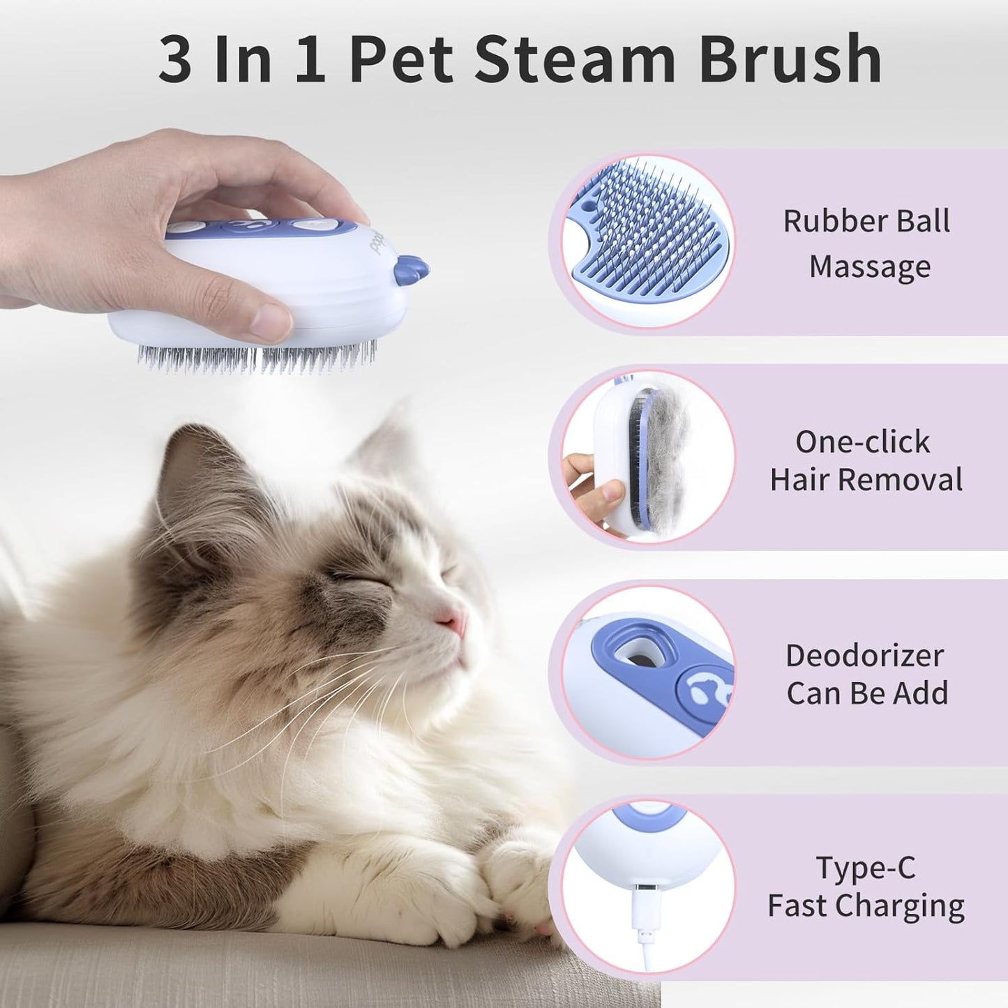 Cat Steam Brush, 3 In 1 Cat Grooming Brush for Shedding, Self-Cleaning Dog Grooming, Steamy Pet Hair Removal Comb with Water Tank Anti-Static