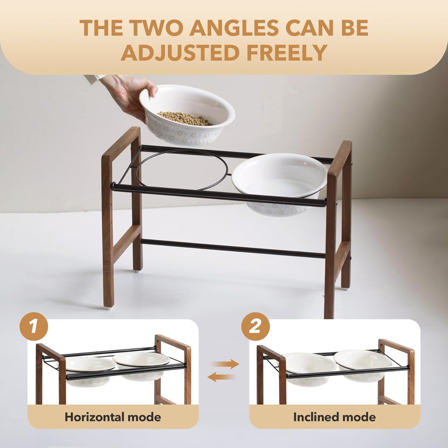 8.7inch Ceramic Adjustable Raised Double Bowls Set with Stand, 3 Heights Elevated, 2 Placement Options, Food and Water Dishes for Large Dog(Double Bowls+Stand, Reactived Glaze -White)