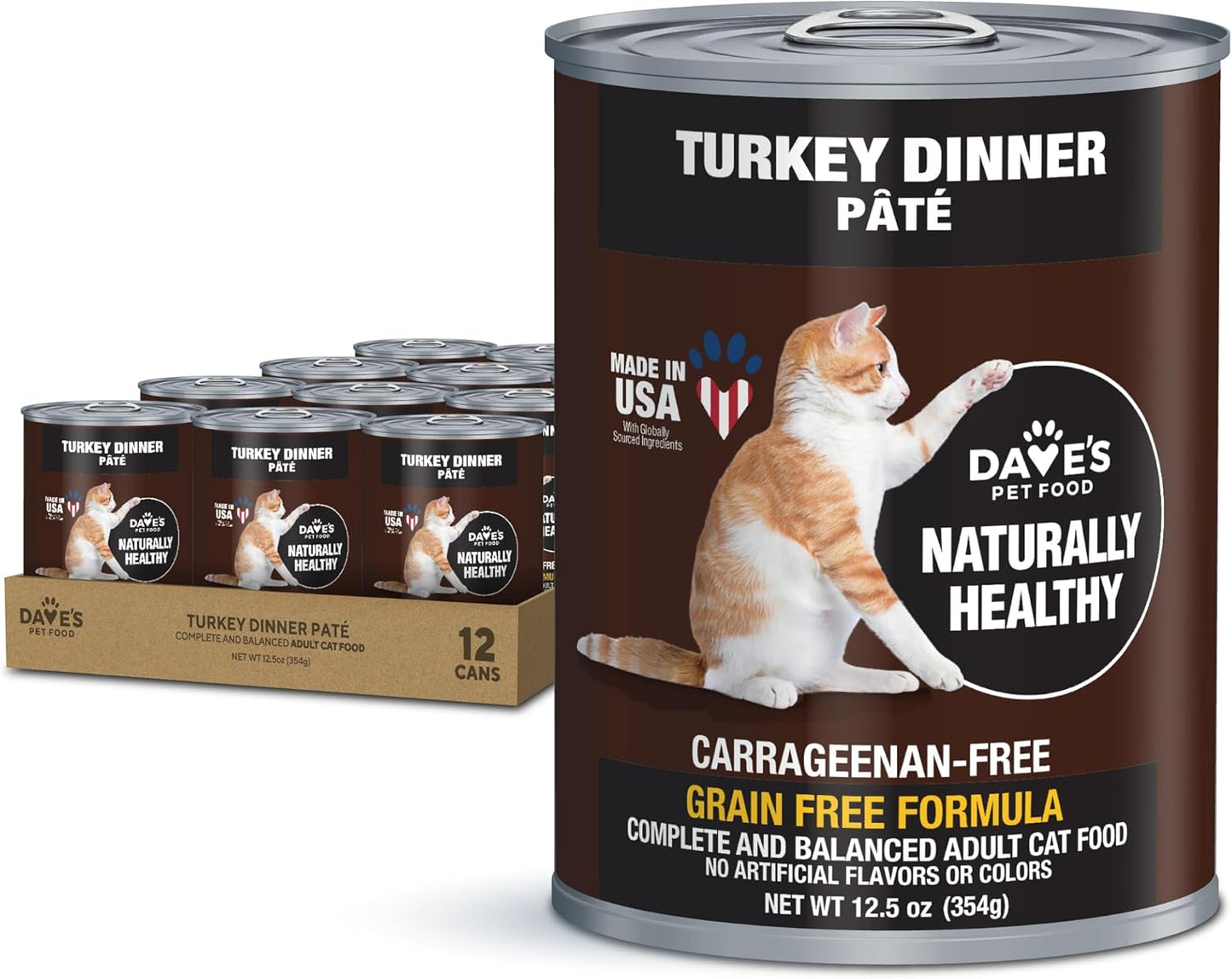 Dave's Pet Food Grain Free Wet Canned Cat Food (Turkey), Made in USA Naturally Healthy, Added Vitamins & Minerals, Gluten-Free, 12.5 oz Cans (12 Pack)