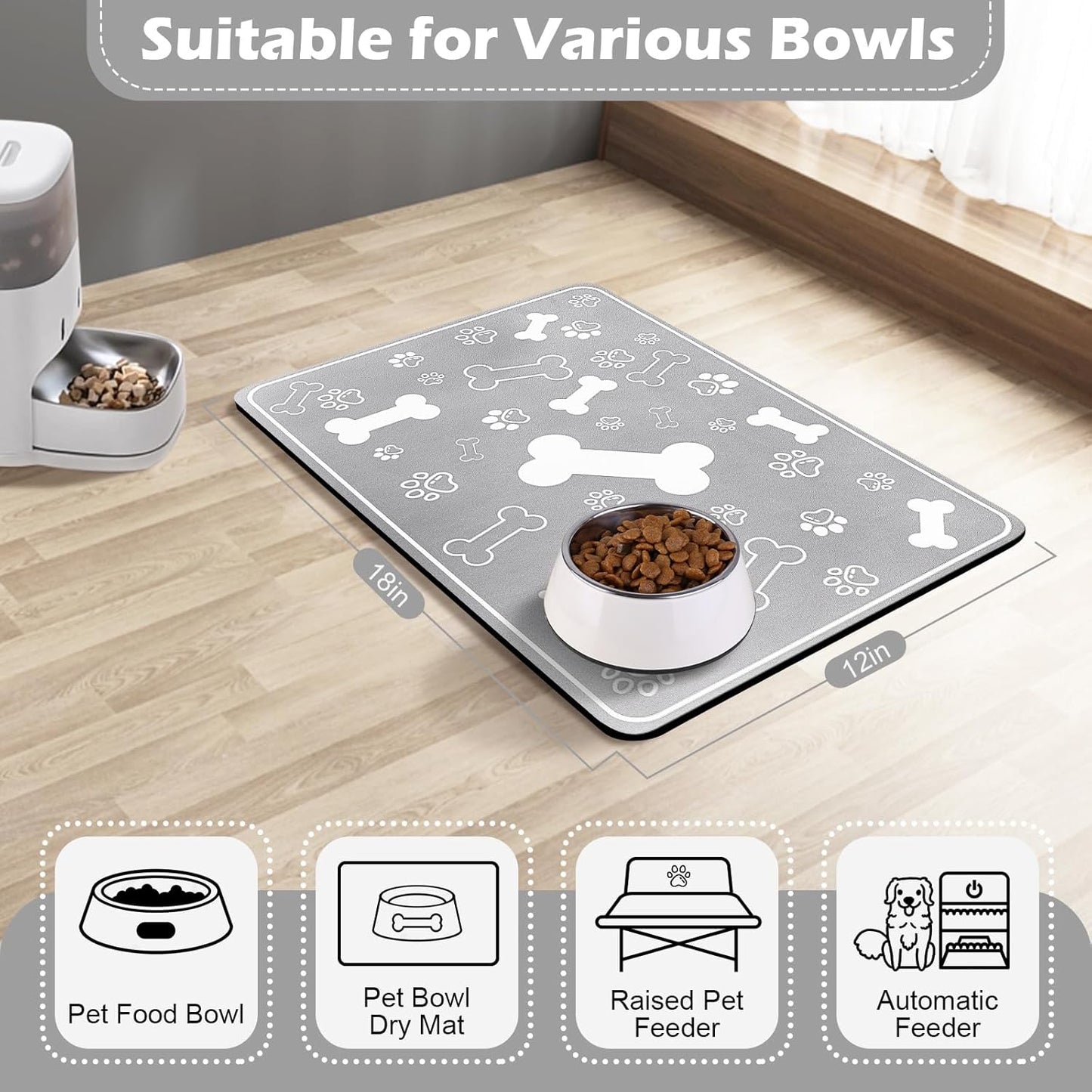 Pet Feeding Mat,Rapid Absorbent Mats for Dog Cat Food, Dog Placemat Water Bowl Mat with Rubber Backing,Messy Drinkers to Protect Floors, Pet Accessories 12"x18" Grey