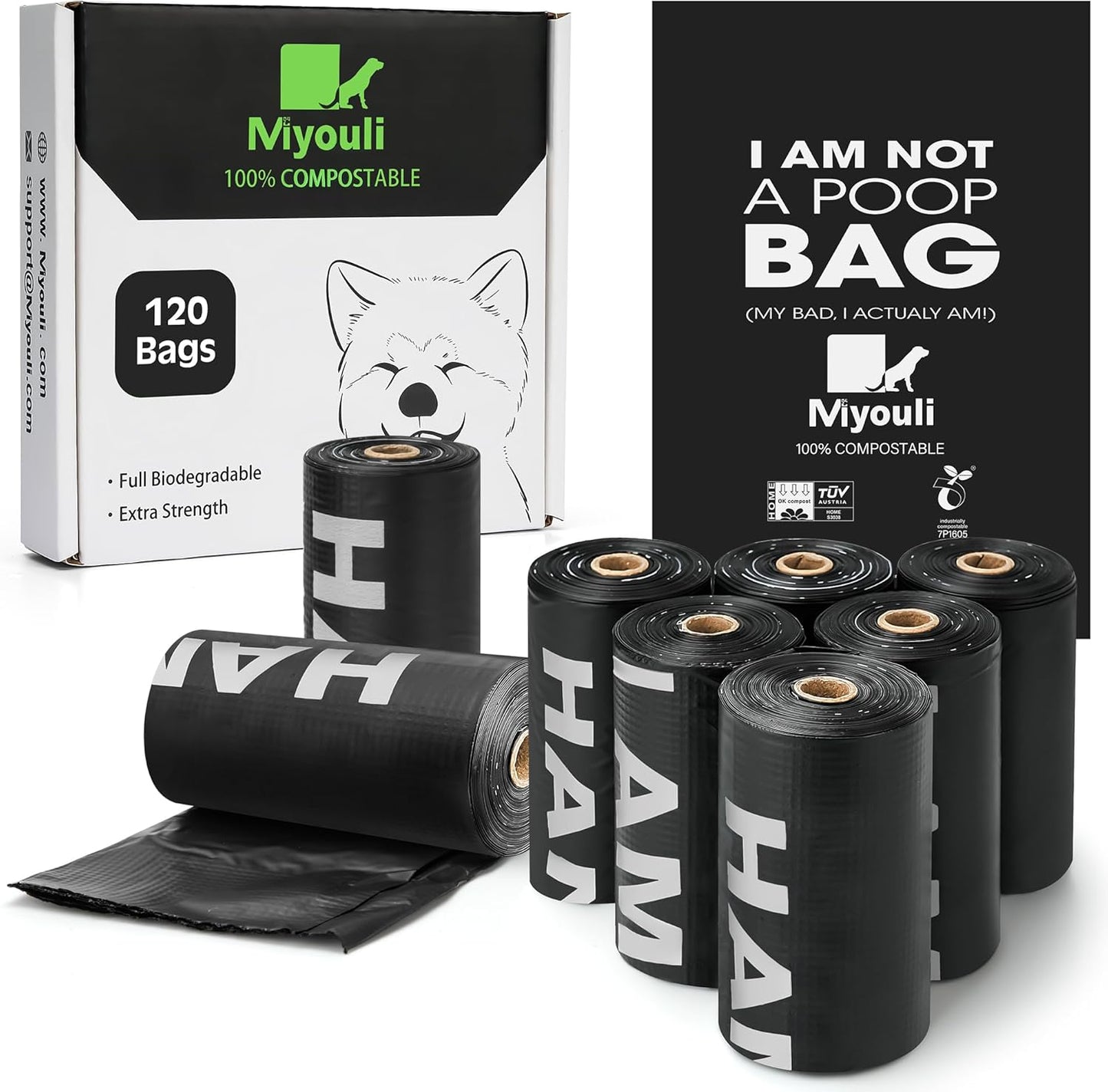 100% Certified Compostable Dog Poop Bag Rolls, 120 Bags (8 Rolls) Eco-Friendly Poop Bags for Dogs, Leak Proof Unscented Easy Open Poop Waste Bag（Black）