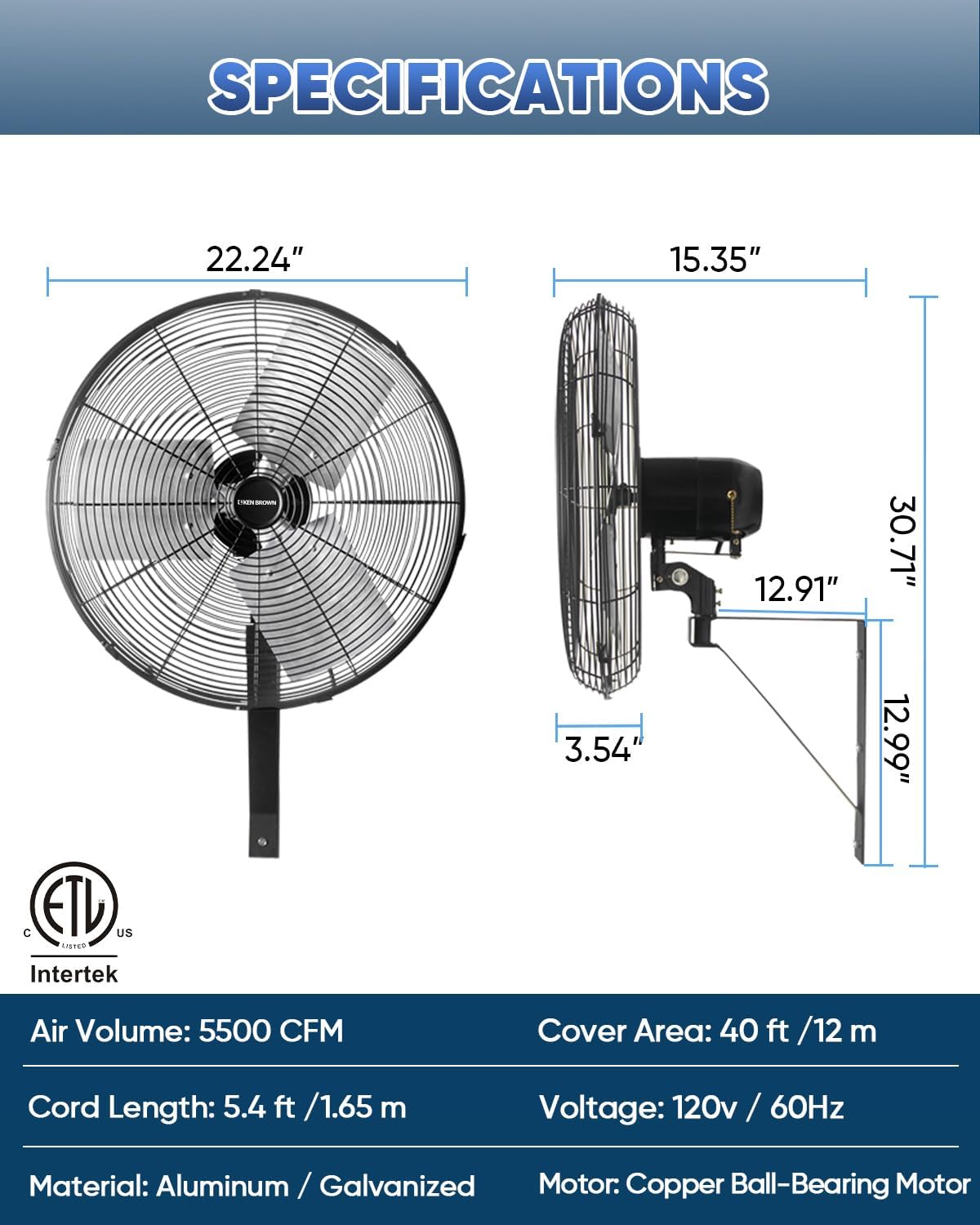 KEN BROWN 20 Inch Industrial Oscillating Wall Mount Fan 5500CFM,Heavy Duty,High Velocity,3- Speed,Black