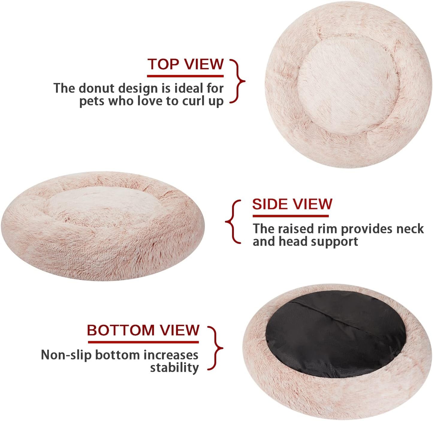 Bedfolks Calming Donut Dog Bed - 36" Round, Fluffy, Anti-Anxiety, Machine Washable Pet Bed (Pink, Large)