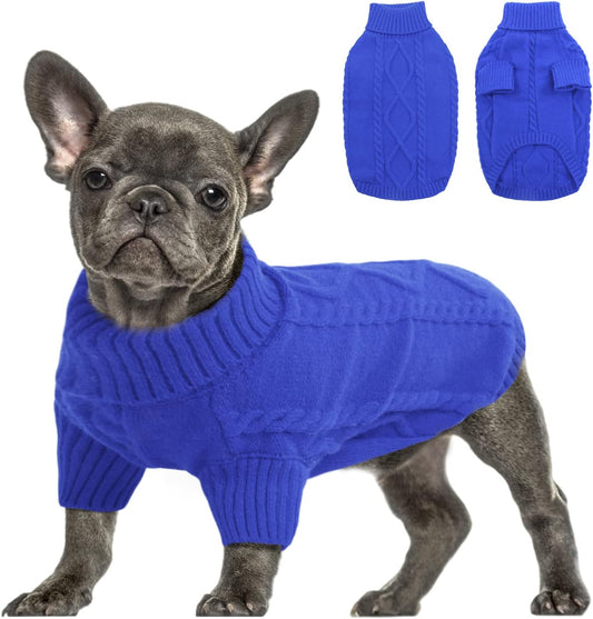 Queenmore Small Dog Pullover Sweater, Cold Weather Cable Knitwear, Classic Turtleneck Thick Warm Clothes for Chihuahua, Bulldog, Dachshund, Pug (Royal Blue, X-Large)