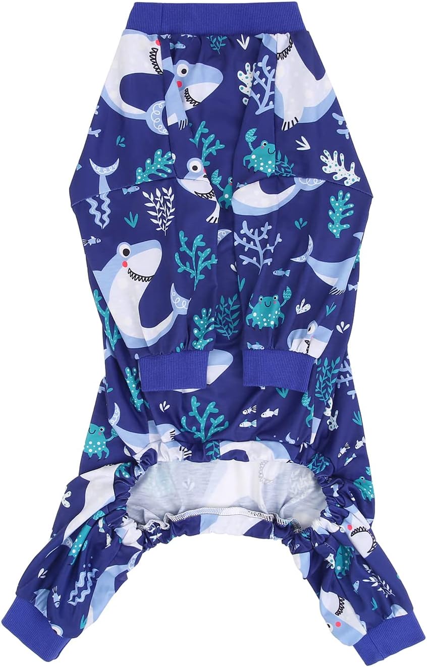 HDE Dog Pajamas One Piece Jammies Jumpsuit Pet Clothes Outfit Stretchy Lightweight Comfy Shirt Pjs for M-3XL Dogs Sharks - L