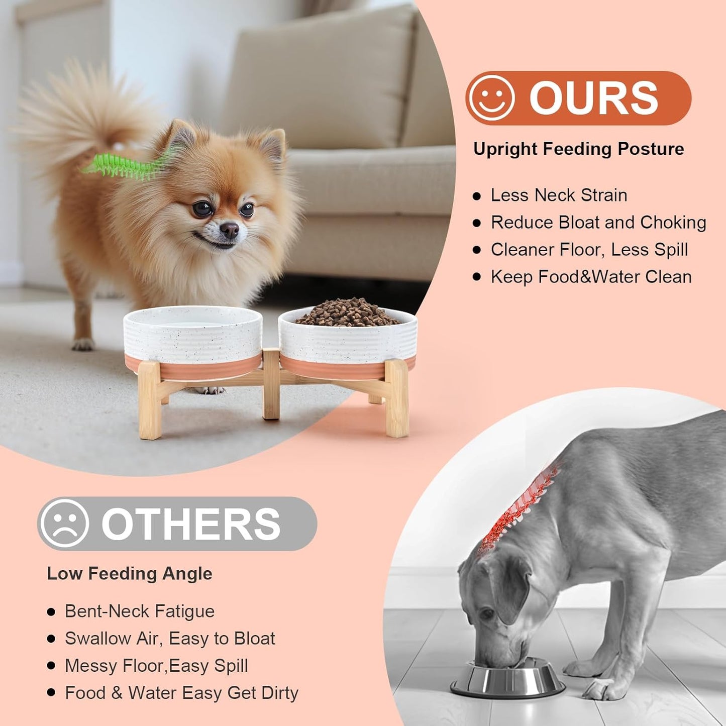 SPUNKYJUNKY Elevated Dog Bowls Ceramic, 5.1'' Dogs and Cat Food Water Bowls Raised with Non-Slip Bamboo Stand for Puppy Small Sized Breed Microwave Dishwasher Safe - 13.5 OZ,Pattern White