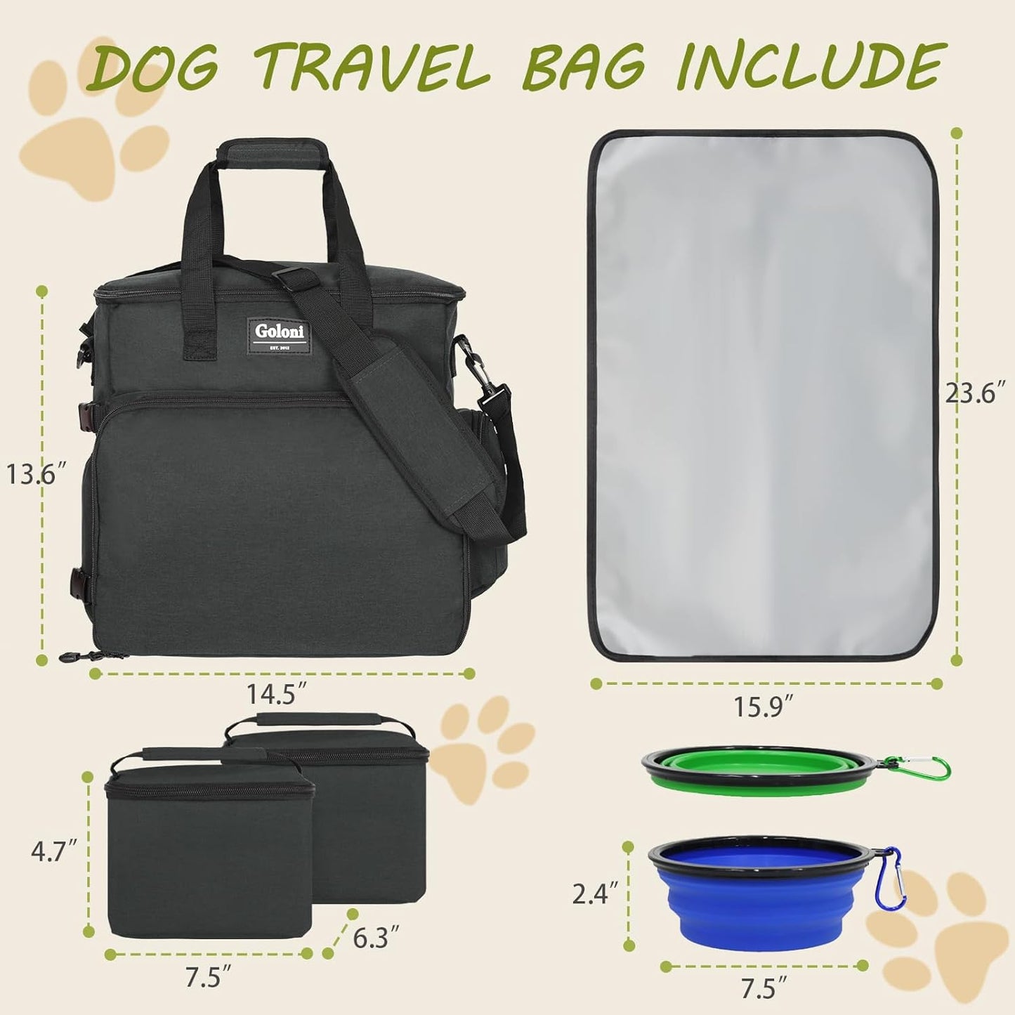 Dog Travel Bag Airline Approved–Pet Travel Tote with Collapsible Bowls,Food Containers & Feeding Mat–Multi-Pocket Organizer for Dogs & Cats, Durable & Water-Resistant for Hiking,Trips,Outdoors
