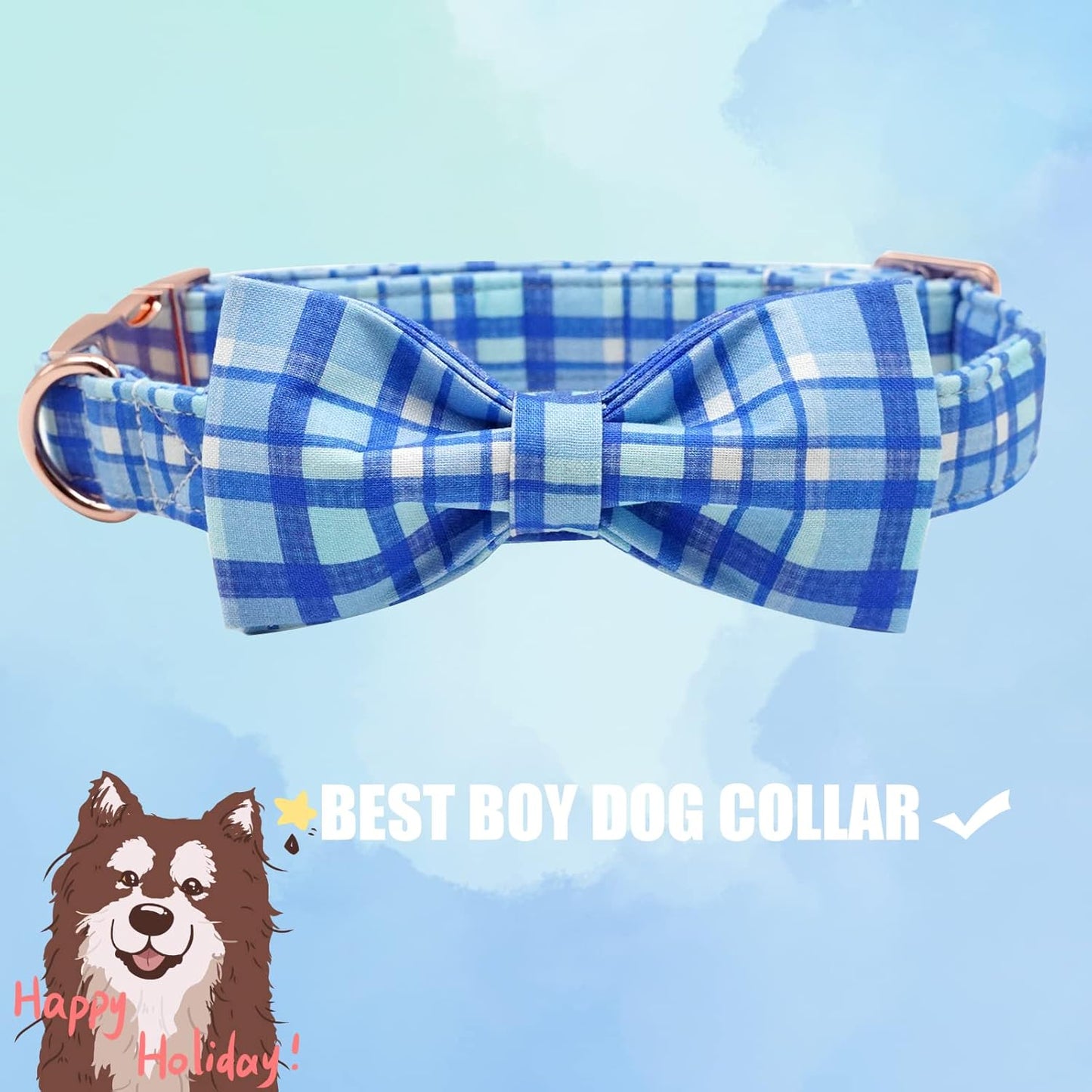Elegant little tail Dog Collar with Bow - Blue Plaid Boy Dog Collar Cute Bowtie Pet Collar Adjustable Dog Collar for Small Puppy and Dog