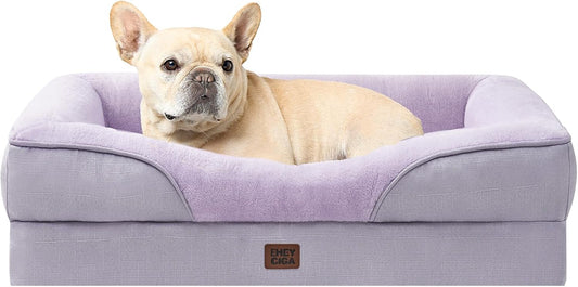 EHEYCIGA Memory Foam Dog Bed for Medium Size, Orthopedic Dog Sofa with Sides and Waterproof Liner, Washable Bolster Pet Couch with Removable Cover, 30x20x6.5 Inch, Purple
