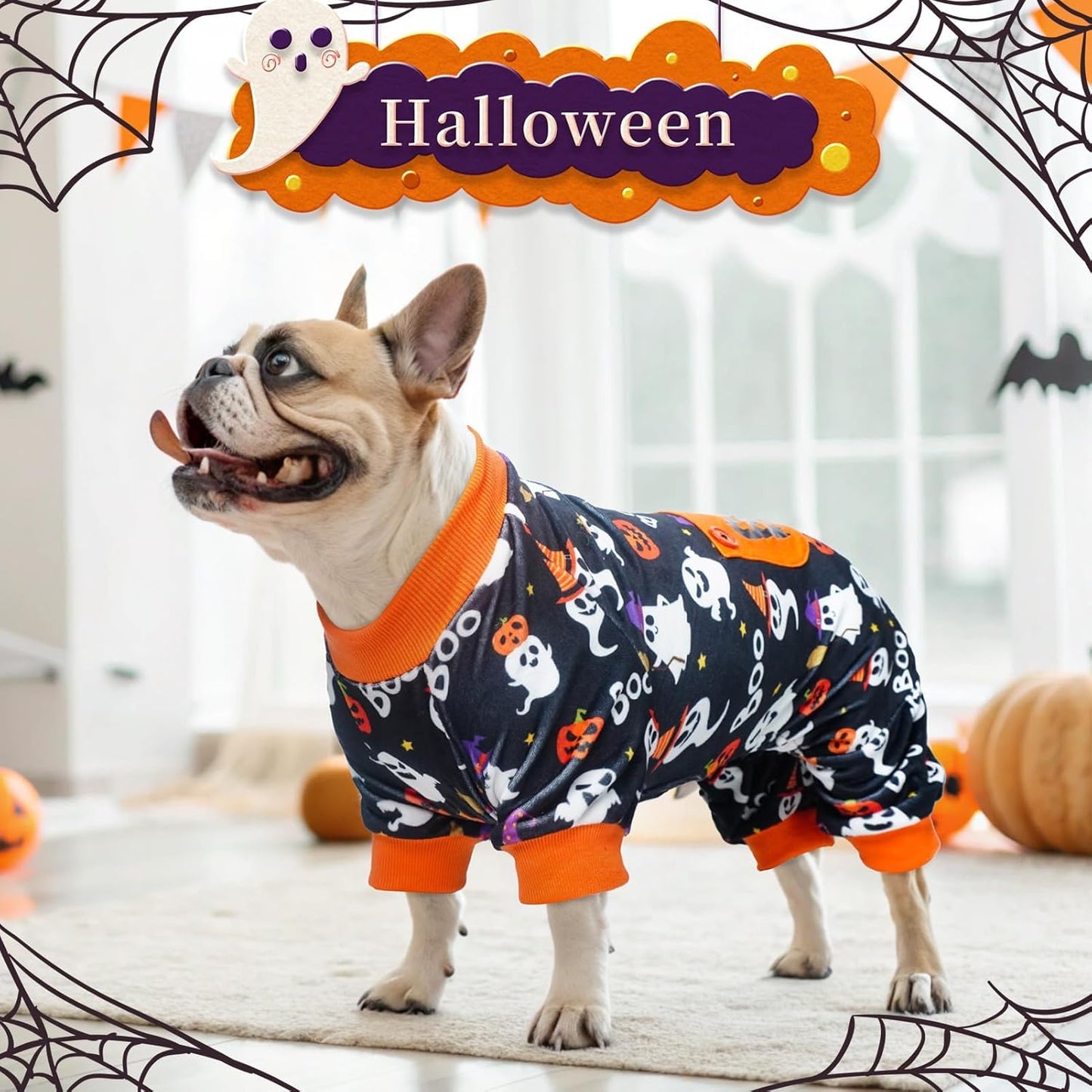 BEAUTYZOO Dog Halloween Pajamas Large Sized Dog, Fleece Funny Ghost Pumpkin Costumes for Dogs, Soft Stretchable Doggy Onesie with Feet, Pet Apparel Clothes for Large Dogs Boy Girl, Black L