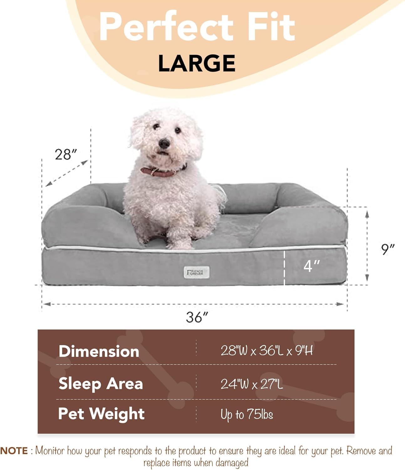 Chester Large Dog Bed - Orthopedic Memory Foam Mattress, Calming Couch, Wall Rim Pillow, Water Resistant, Washable Cover, Non-Slip, Cocoa Brown