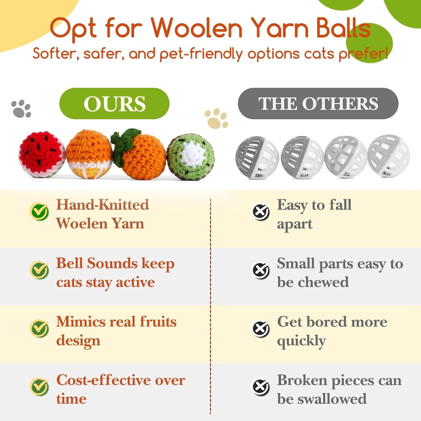 12 Pack Cat Toy Balls, Hand-Knitted Woolen Yarn Cat Balls Toy with Bell Inside, Interactive Kitty Toys for Indoor Kitten Teething, Chasing & Self Play(Fruit-Shaped)
