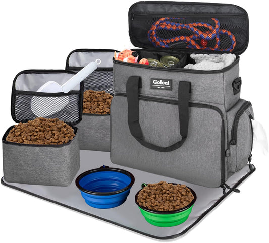 Dog Travel Bag Airline Approved–Pet Travel Tote with Collapsible Bowls,Food Containers & Feeding Mat–Multi-Pocket Organizer for Dogs & Cats, Durable & Water-Resistant for Hiking,Trips,Outdoors
