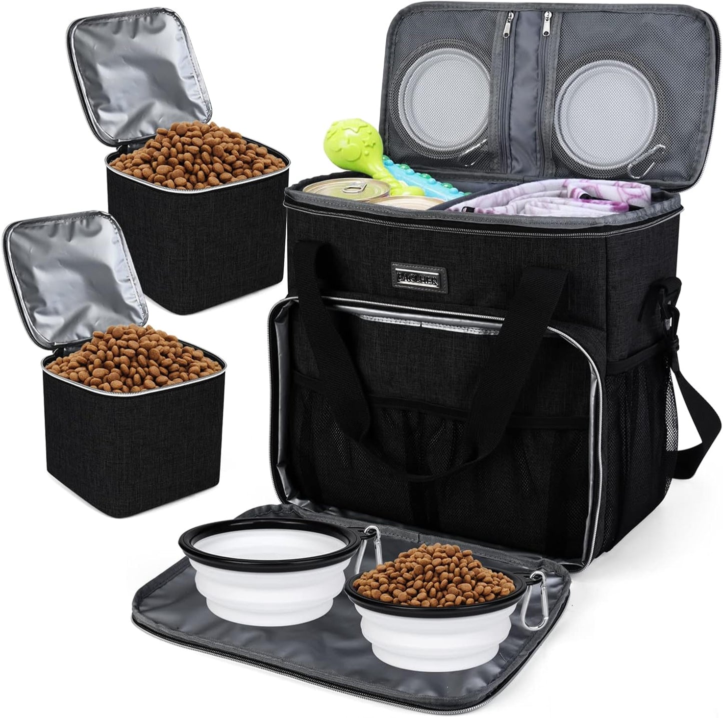 BAGLHER Dog Travel Bag, Pet Travel Bag (All Pet Travel Supplies), with 2 Pet Food Containers and 2 Collapsible Silicone Bowls; Essential Kits for Pet Travel Black
