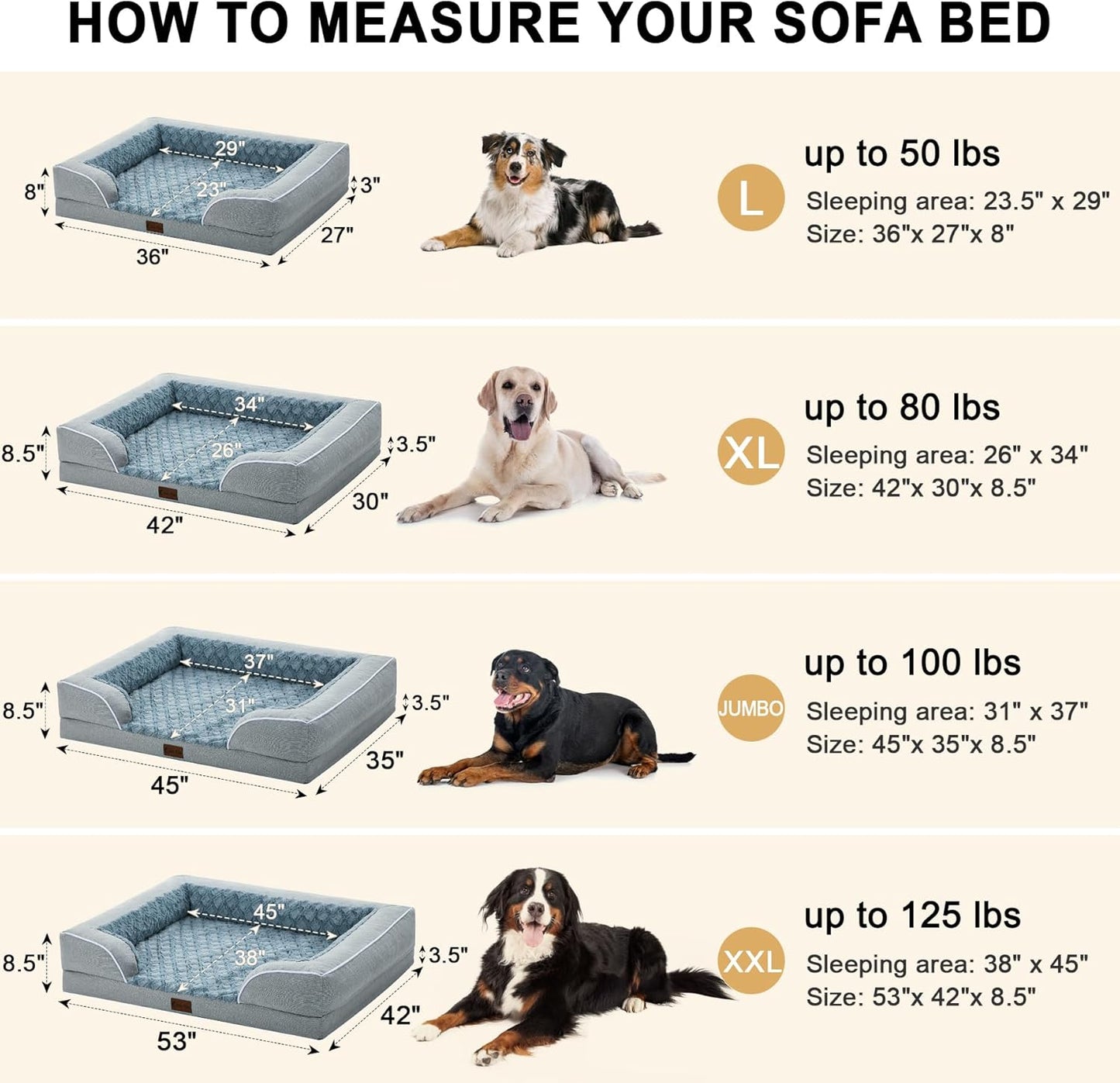 Orthopedic Dog Beds, Waterproof Memory Foam Large Sized Dog Beds with Sides, Non-Slip Bottom and Egg-Crate Foam Big Dogs Beds with Removable Washable Cover(Large,Light Grey)