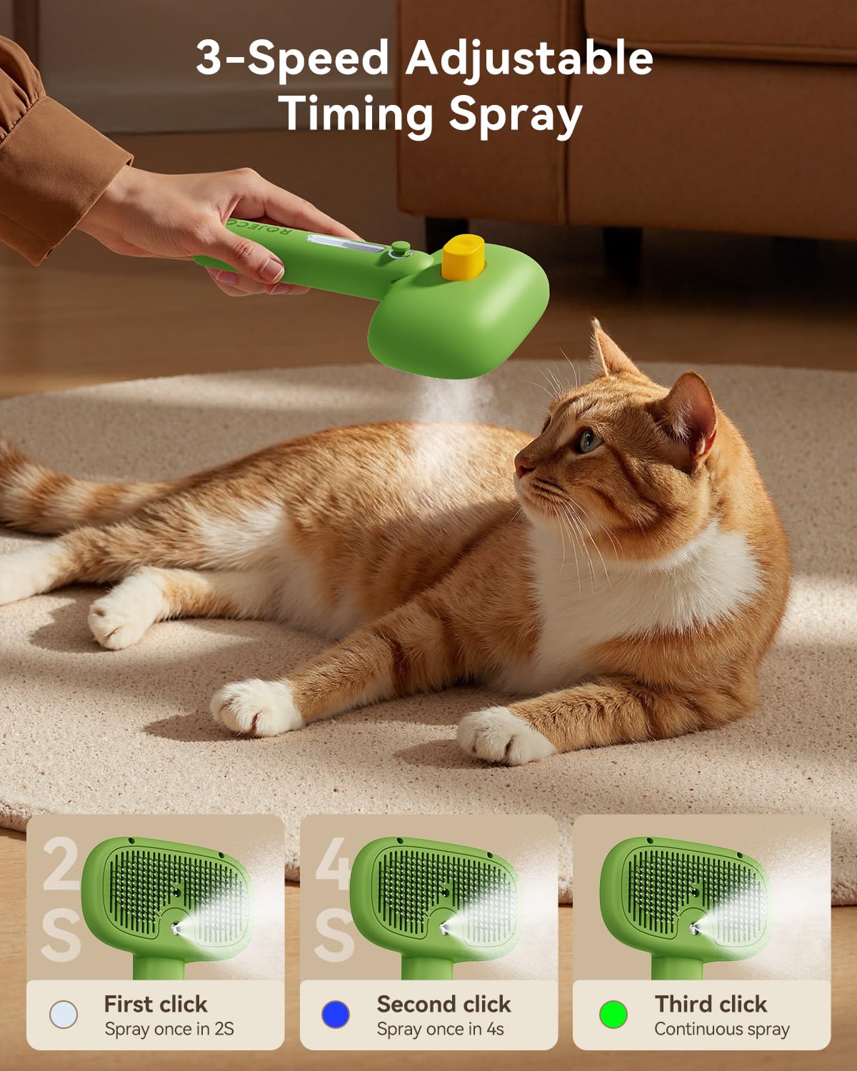 ROJECO 3-in-1 Pet Steam Brush for Cats&Dogs - Detangling Comb with Adjustable Mist, Handheld Deshedding Grooming Tool for Long/Short Hair, Massage Brush & Shedding Control Gift,Cordless (Green)