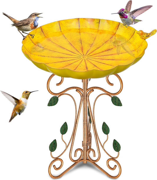 Vintage Metal Bird Bath for Outside, 13" Dia Birdbaths Bowl with Cast Iron Pedestal, Large Antique Bird Feeder with Folding Bracket for Outdoors Garden Patio Yard Decor (Retro Yellow)