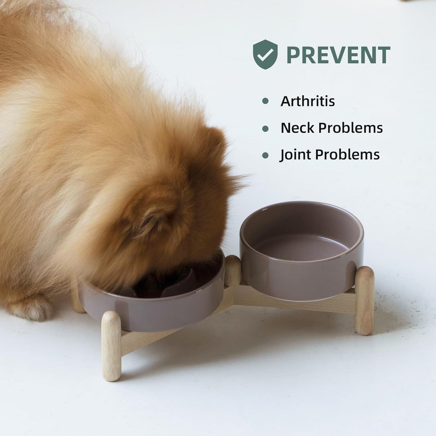 Ceramic Raised Slow Feeder Dog Bowl Set, Elevated 5.1inch Bowl and 6.1inch Puzzle Slow Pet Food Dish with Wooden Stand for Small Dog and Cat, Anti-Gulping (2X Brown Coffee+ Stand)