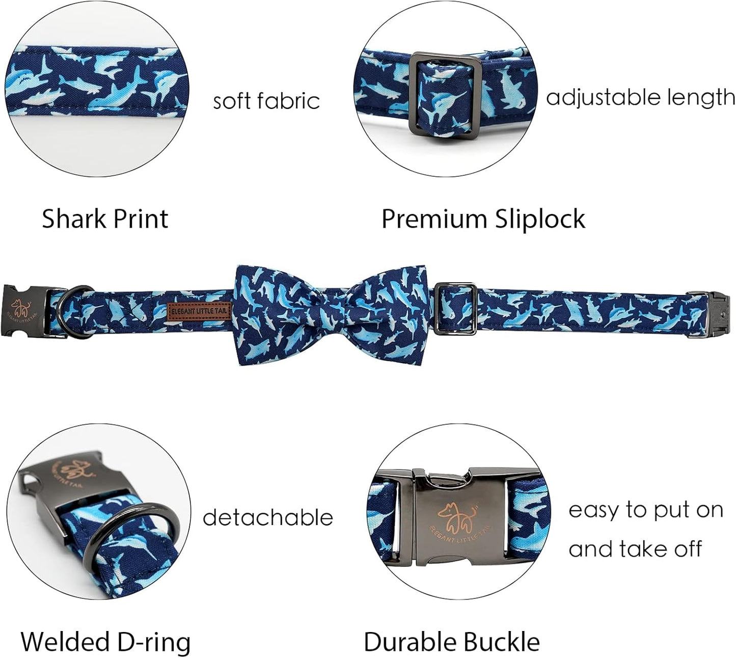 Elegant little tail Dog Collar with Bow, Shark Print Adjustable Dog Collar Cute Bowtie Dog Collar Boy Pet Collar for X-Small Puppy and Cat