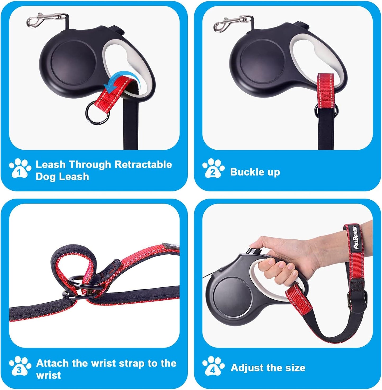 PetBonus Short Dog Leash, Safety Wrist Strap for Retractable Dog Leash, Reflective Design and Adjustable Soft Padded Handle, Extra Layer Security for Pet Stroller (Red) 1 Pack
