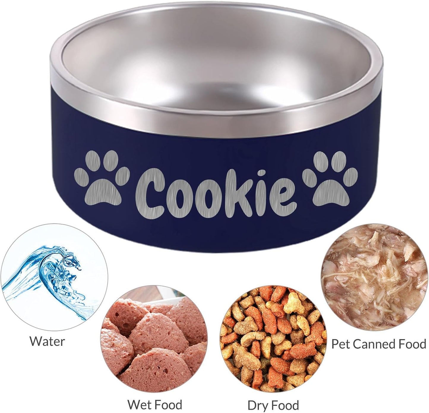32OZ Personalized Dog Bowl Laser Engraved Custom Pet Name 18/32/42/64 oz No Slip Stainless Steel Insulated Bite-Resistant Food Water Dishes-White