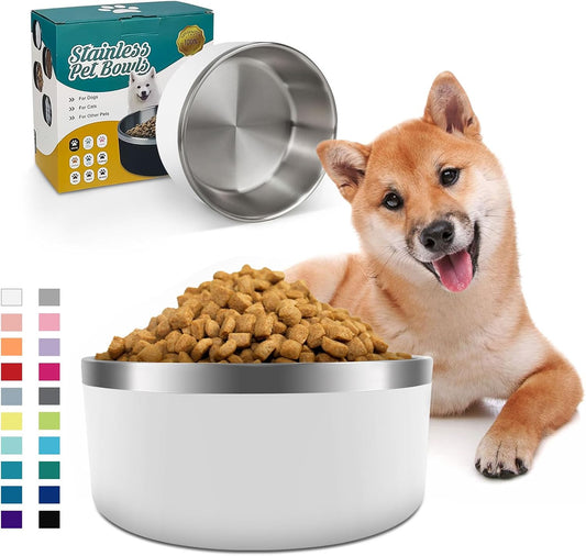 IKITCHEN Dog Bowl for Food and Water, 40 Oz Stainless Steel Pet Feeding Bowl, Durable Non-Skid Double Wall Insulated Heavy Duty with Rubber Bottom for Medium Large Dogs (40 Ounces/5 Cup, White)