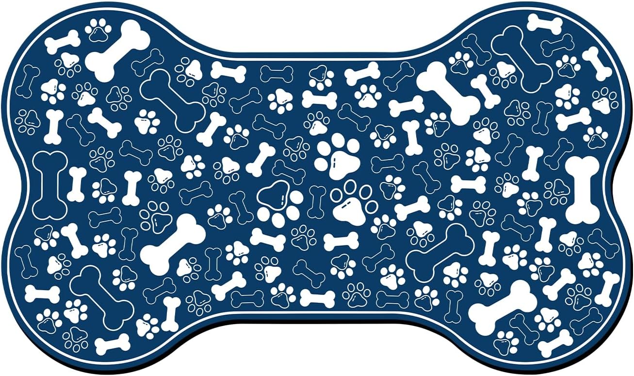 Dog & Cat Food Mat Bone Shaped Pet Feeding Mat Quick Absorb Water Bowl Placemat with Rubber Backing Indoor Floor Stain Resistant Pet Accessory Supplies (Blue, 17x29 Inches)