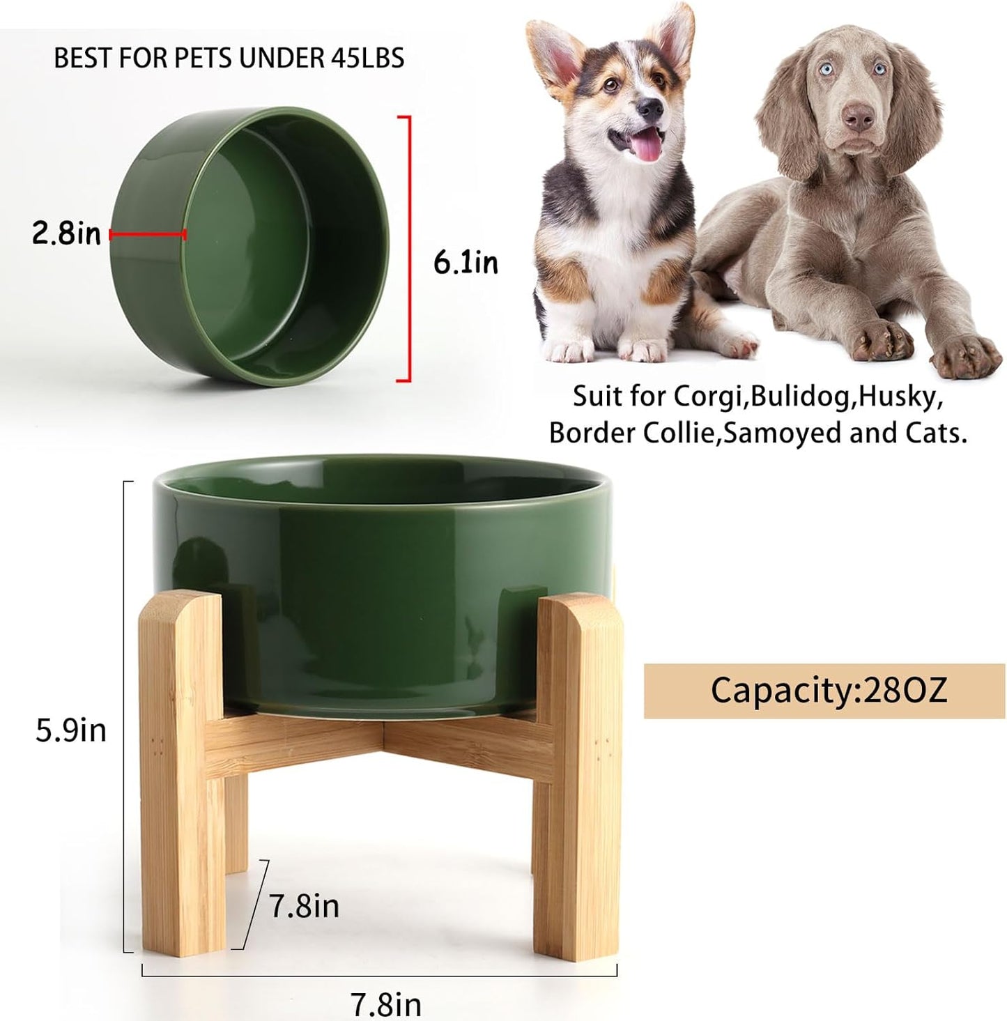 Petygooing 28 OZ Elevated/Raised Ceramic Dog Bowl for Small and Medium Breeds, Dog Food Water Dish with Stand,Pet Feeding Bowl Anti Slip Rubber for Small and Medium Dogs (3.6 Cups) Rust Green