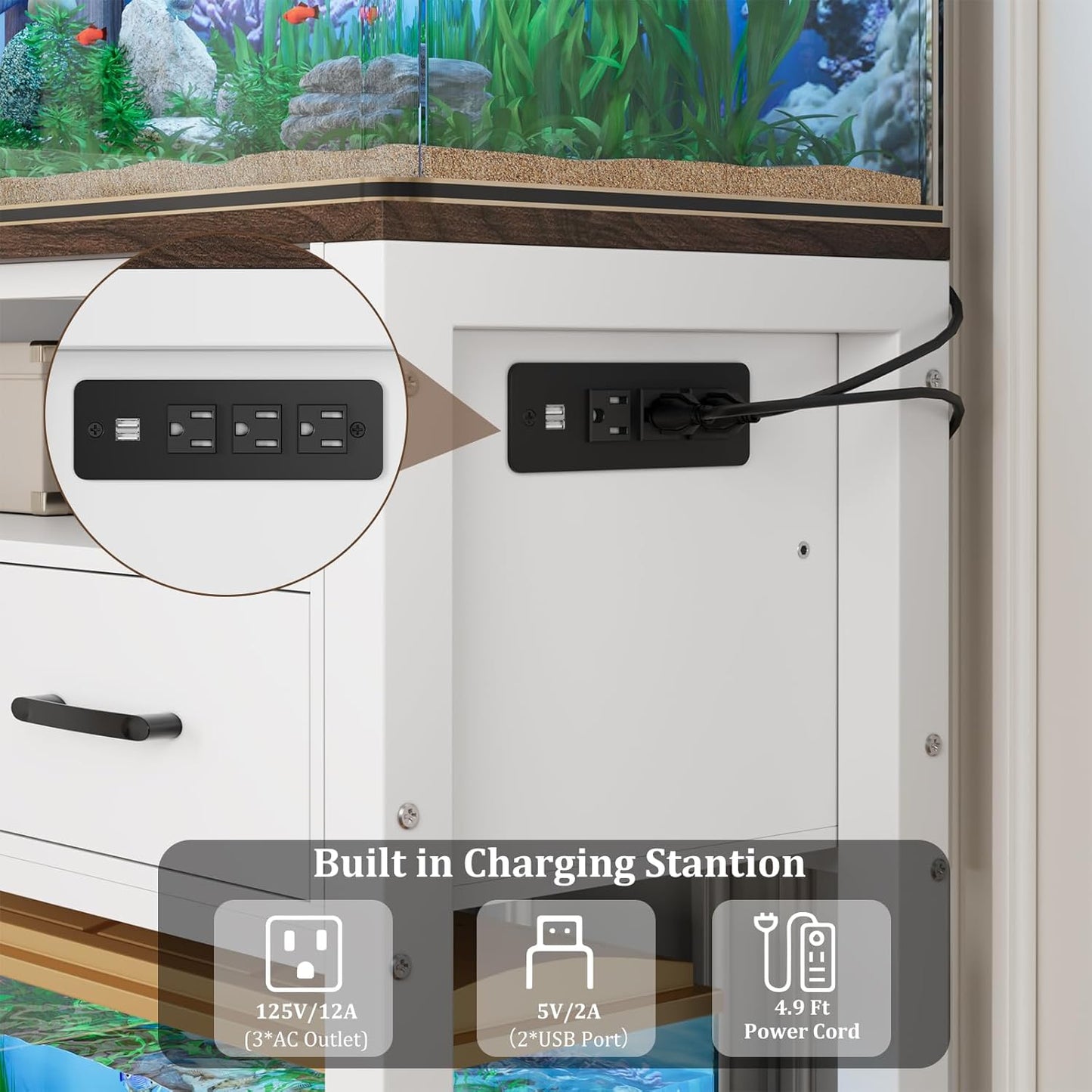 20-29 Gallon Aquarium Stand with Stable Metal Frame & Power Outlet, Heavy-Duty Fish Tank Stand with Waterproof Mat, 550LBS Capacity Storage Cabinet, White+Brown