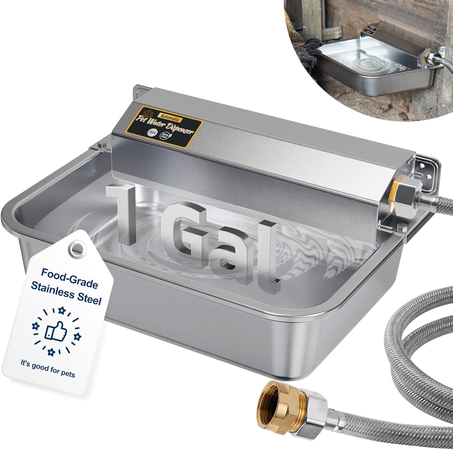 1Gal/3.8L Automatic Water Dispenser for Dogs, Patented Automatic Dog Waterer Bowl for Outdoor, Stainless Steel Water Bowl Dispenser for Livestock Chicken, Dog Feeder Fit 3/4'' GHT Faucet