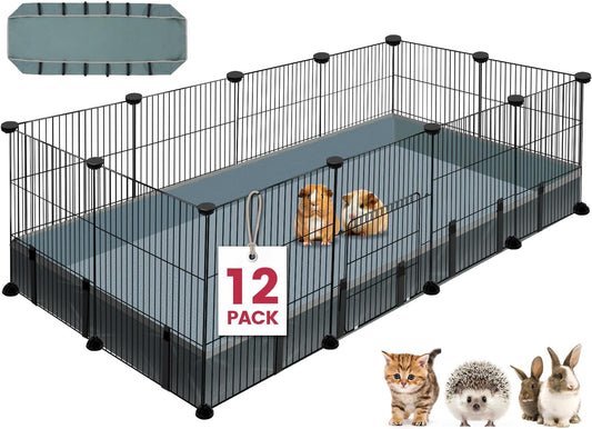 12 Panels Small Animal Playpen,Pet Playpen with Waterproof Mat,C&C Cage for Guinea Pigs,Puppy Play Pen,Bunny Playpen,Indoor Outdoor Portable Metal Wire Yard Fence