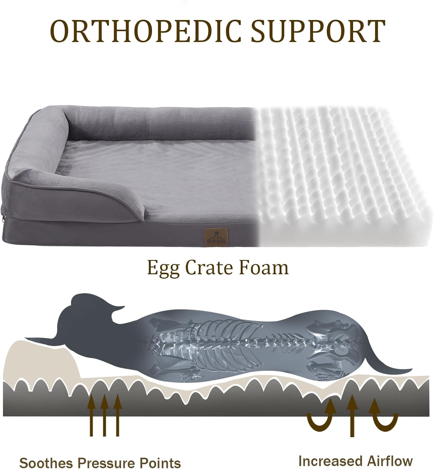 Bedfolks Orthopedic Dog Bed XL, Waterproof Dog Sofa Bed for Extra Large Dogs, Egg Foam Pet Couch Bed with Removable Washable Cover and Nonslip Bottom, Dark Grey