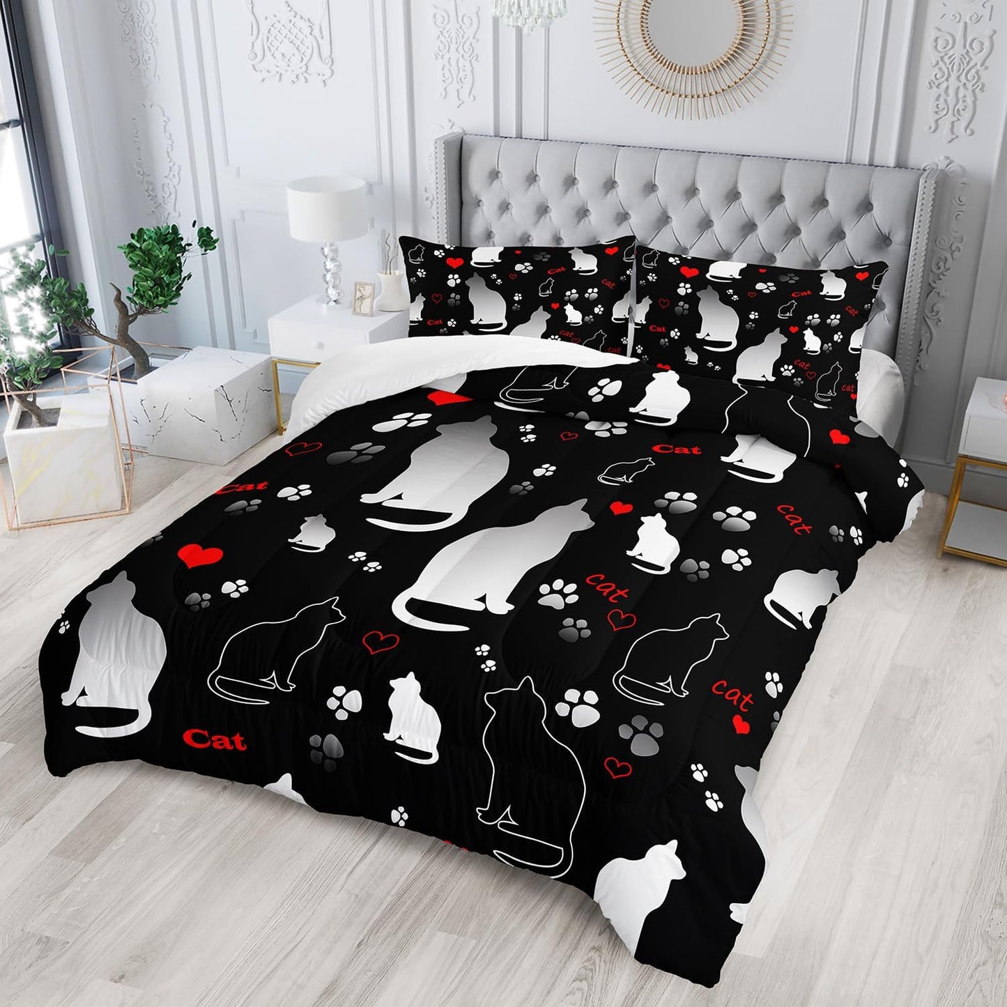 Kawaii Cat Animal Themed Comforter Set 3Pcs Twin Black White Pet Cat Bedding Set for Kid Teen Girl Boy Adult Room Decor Cartoon Cat Paw Heart Pattern Quilt with 1 Comforter and 2 Pillowcases