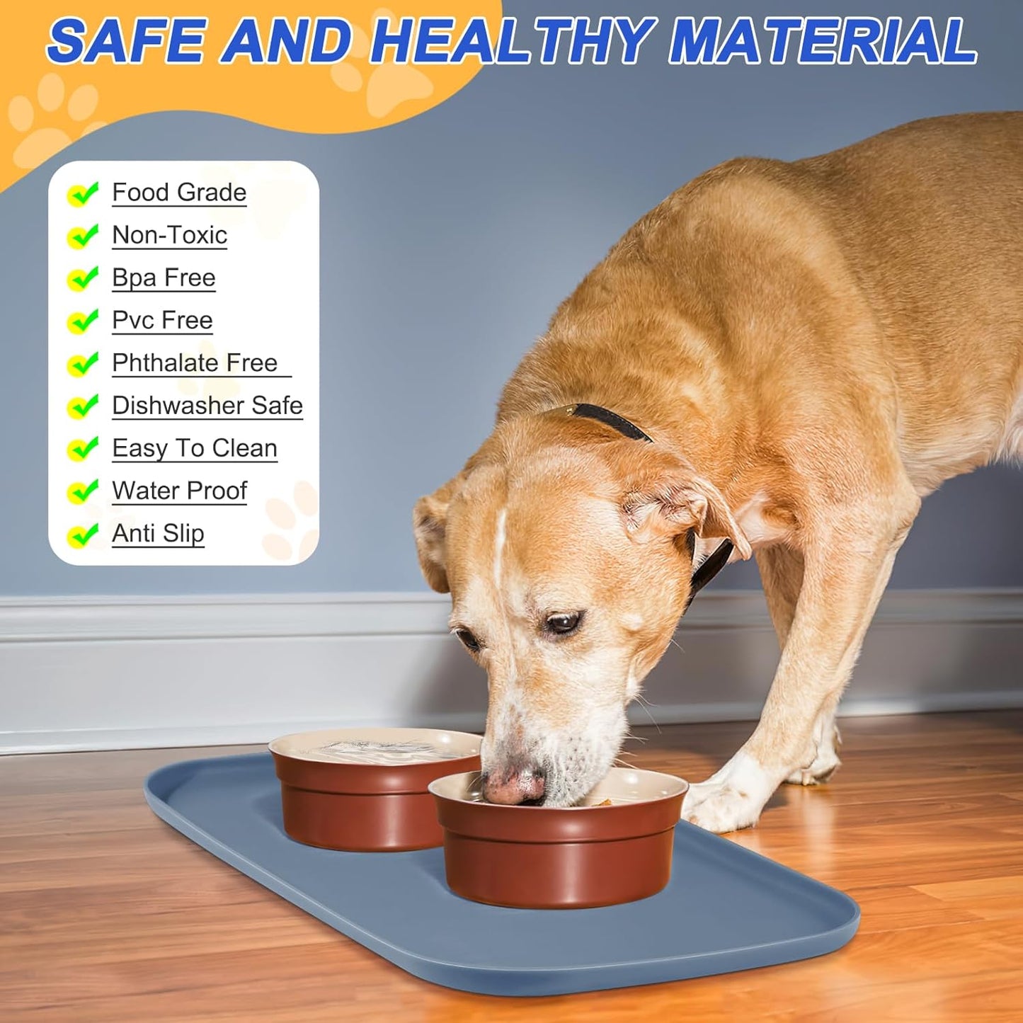 Silicone Pet Feeding Mat with Raised Edge for Food and Water, Dog Bowl Mats, Cat Bowls Placemat with High Lip for Floor Waterproof, Rubber Tray for Cats and Dogs 24 x 16 x0.8 Slate Blue