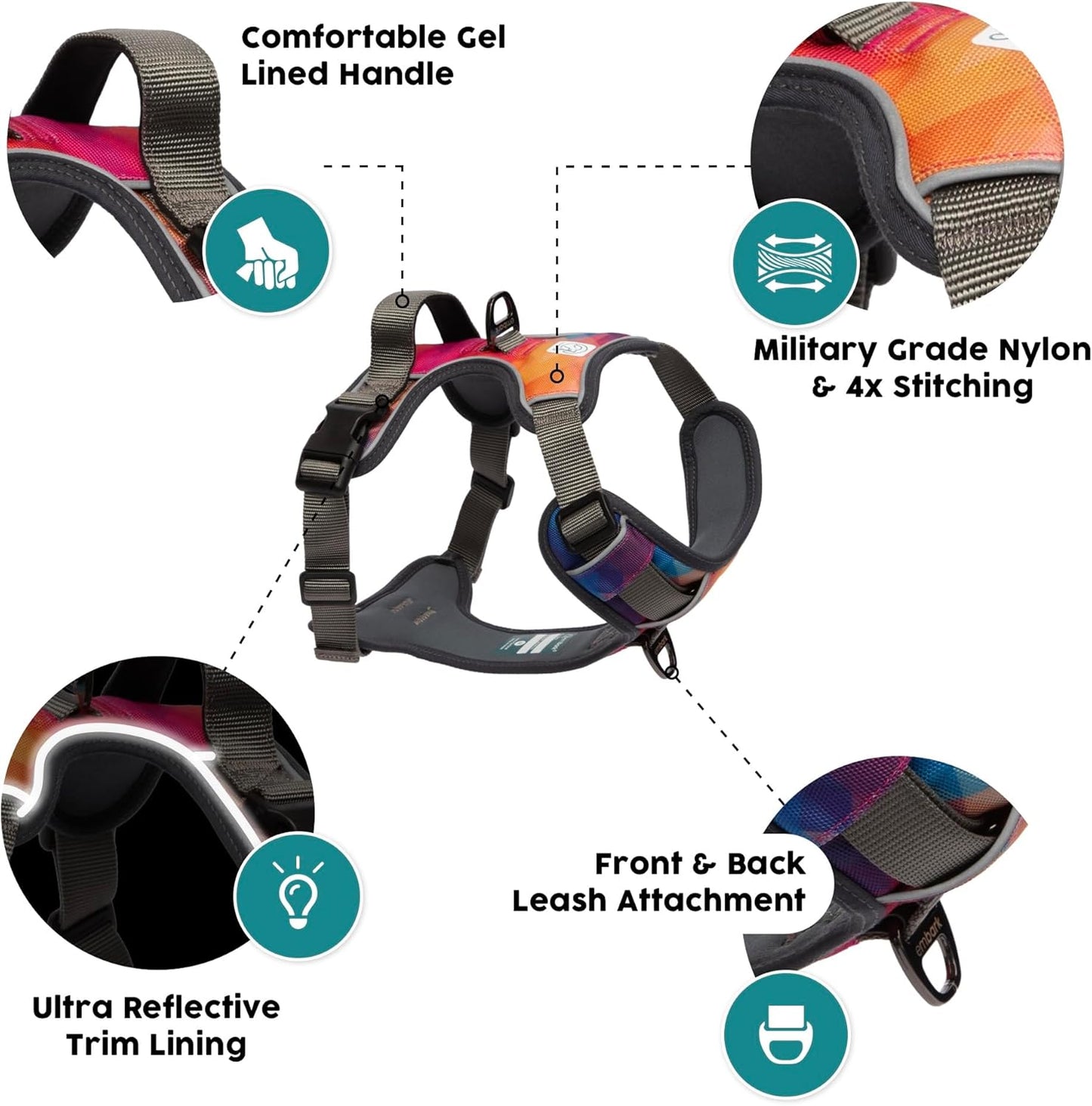 Embark Adventure Dog Harness, Reflective Trim No Pull Harness for Medium Sized Dog - Military Grade Nylon, Front Clip with Gel Lined Handle. Soft & Padded Puppy