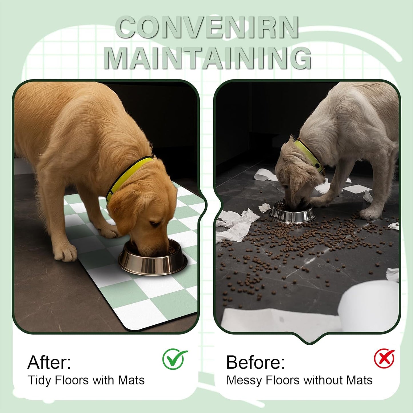 Cat Food Mat - 12"x 20" Cat Dog Mats for Food and Water Bowl, Checkered Pet Placemat Feeding Mat, Non-Slip Under Pet Bowls Mats for Messy Drinkers, Green & White