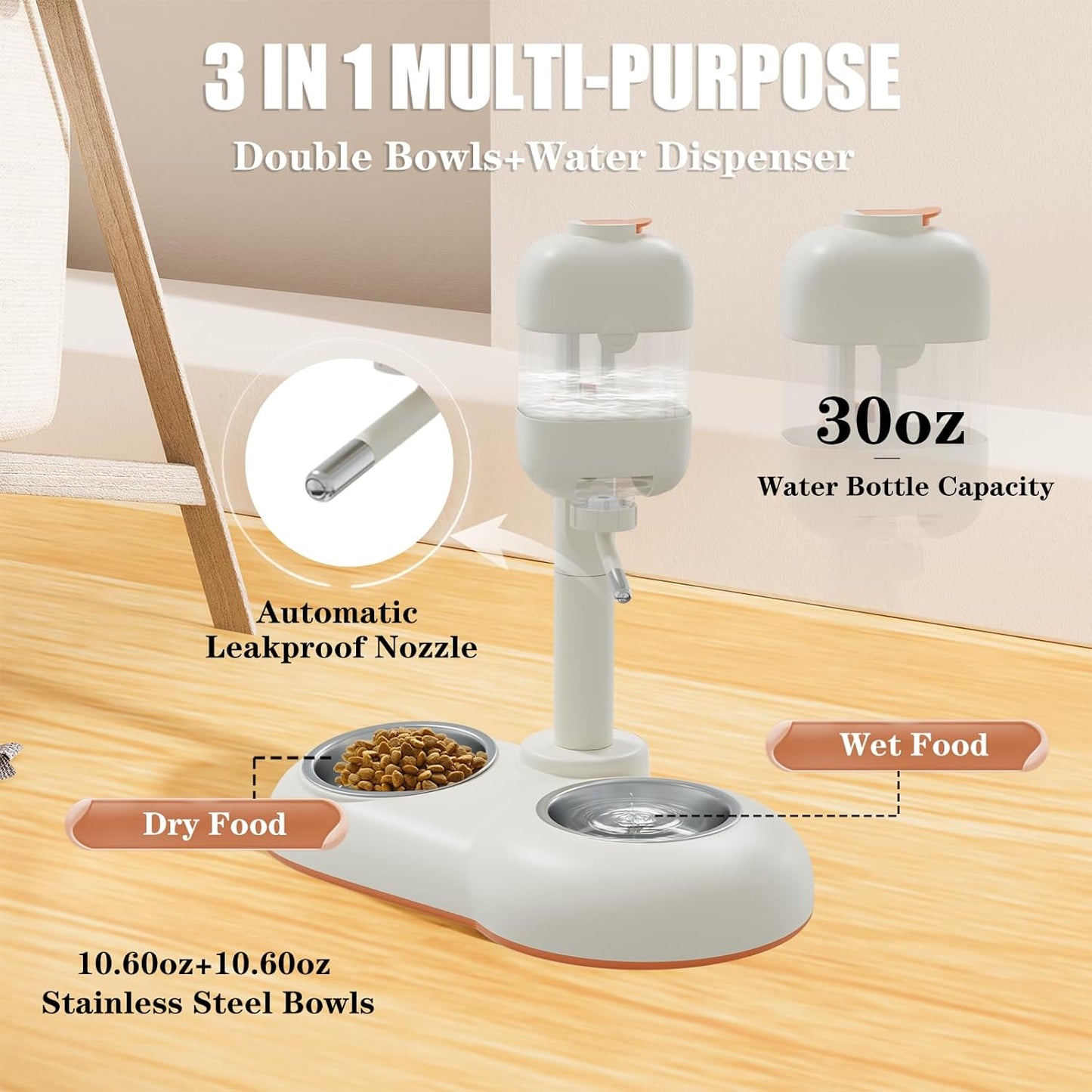 Pet Bowls,15°Tilted Puppy Food Bowls with Puppy Weaning Bottles,3 in 1 Height Adjustable Water Dispenser for Dogs,Pet Food Bowls for Ferrets,Cats,Rabbits and Small Sized Dogs(White)