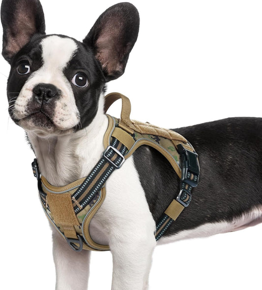 rabbitgoo Dog Harness Small Sized No Pull, Tactical Service Pet Vest with Molle and Control Handle, Adjustable and Reflective Military Harness for Easy Walking and Training, Brown camo, S