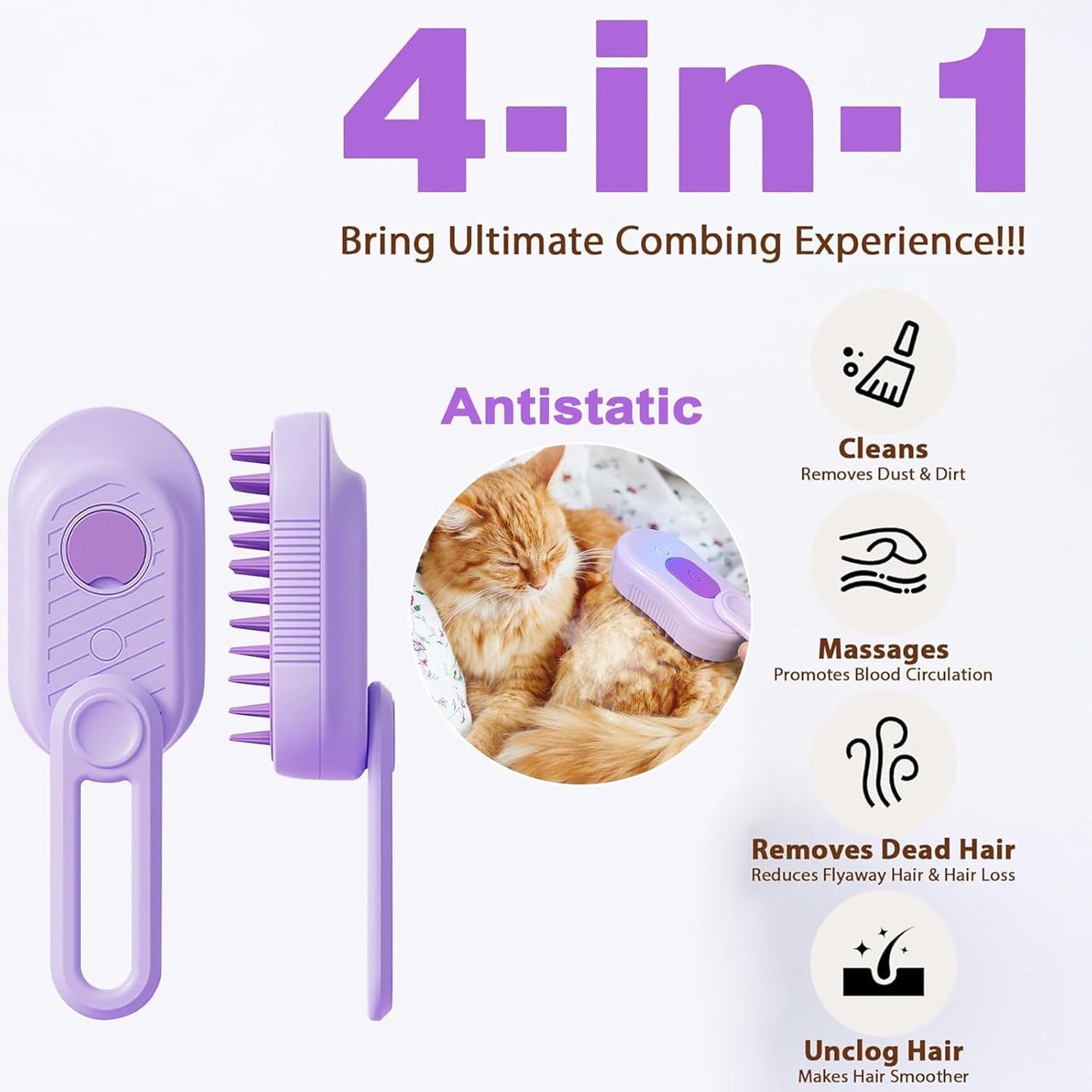 Cat Steam Brush for Shedding, 2025 New 4 in 1 Rechargeable Steam Pet Brushes for Cats & Dogs, Indoor Anti-static Pets Brush for Massage, Cleaning, Shedding & Combing Hair (Purple)
