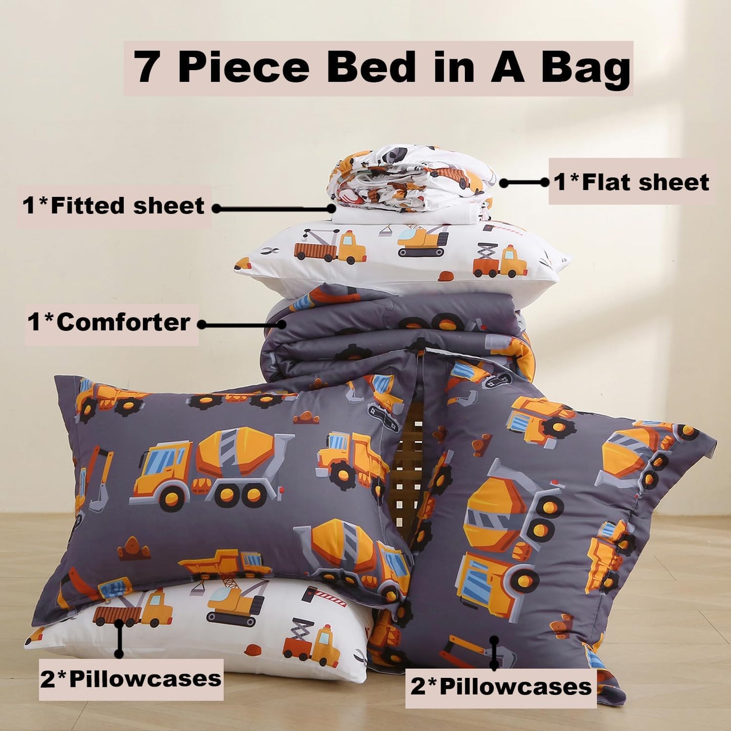 Kids Comforter Set 7 Piece Bedding Cute Car Cartoon Truck Bed Microfiber Comforter Full Size All Season Excavator Car Truck Printed