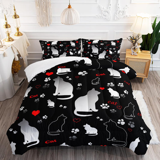Kawaii Cat Animal Themed Comforter Set 3Pcs Full Black White Pet Cat Bedding Set for Kid Teen Girl Boy Adult Room Decor Cartoon Cat Paw Heart Pattern Quilt with 1 Comforter and 2 Pillowcases