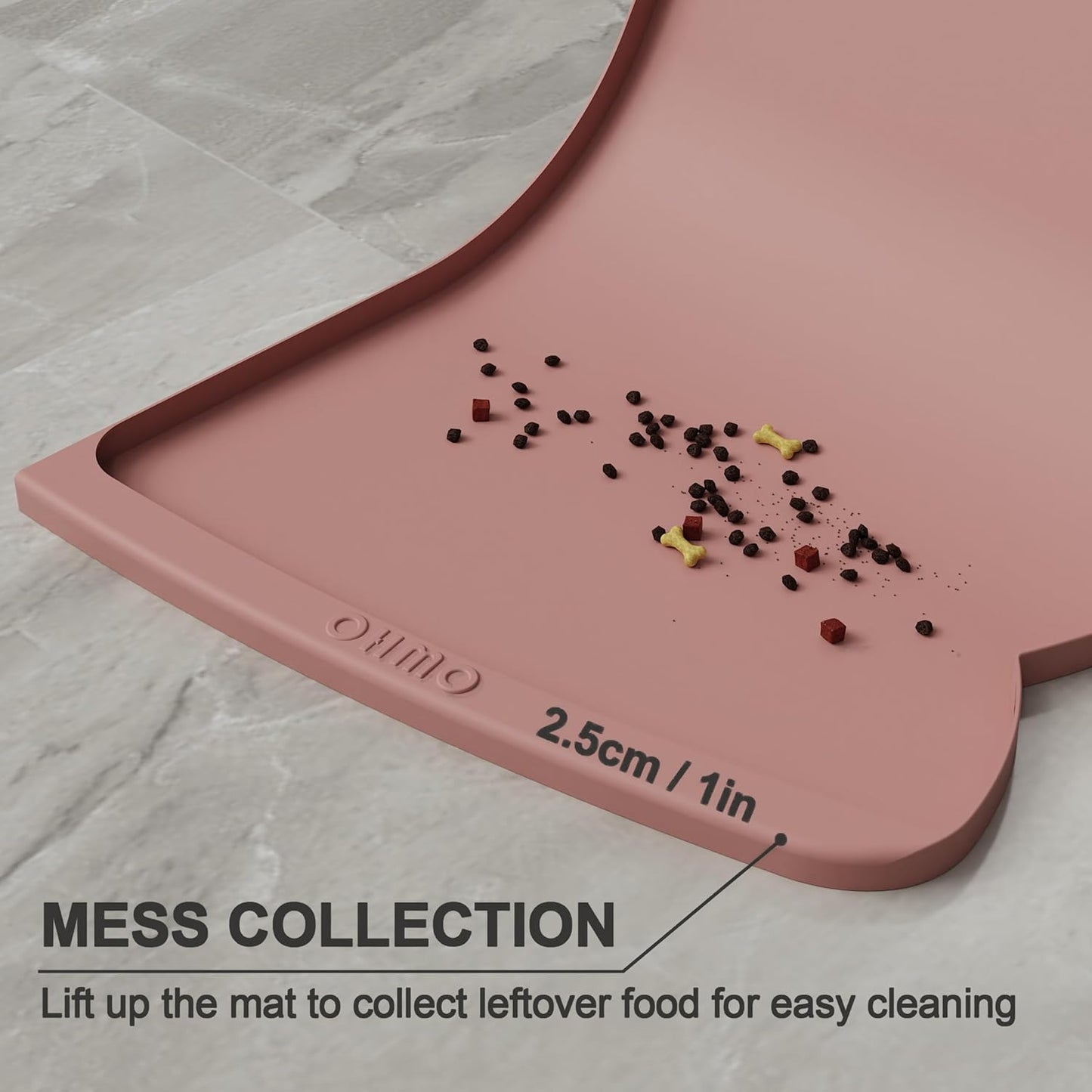 OHMO Dog Food Mat(Rose, 24 * 15'') w/Residue Collection Pocket Silicone Pet Feeding Mat for Floor High Edges Anti Spills Waterproof Cat Water Bowl Tray, Easy Clean Placemat