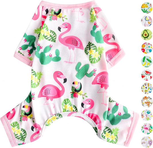 Dog Pajamas Pjs Summer Dog Clothes for Small Dogs Girl - Boy - Medium Size Dogs, Soft Stretchy Puppy Clothes Doggie Onesies Fall Cat Pet Jammies Outfit Tropical Flamingo, Pink