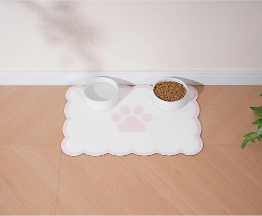 Ralxion Scalloped Dog Feeding Mat, Absorbent Mats for Dog Food and Water Bowl, Dispenser, Cute Elegant Aesthetic Preppy Pastel Pink Scallop Pet Placemat for Dogs, Cats, Puppy Accessories, 14" X 19”