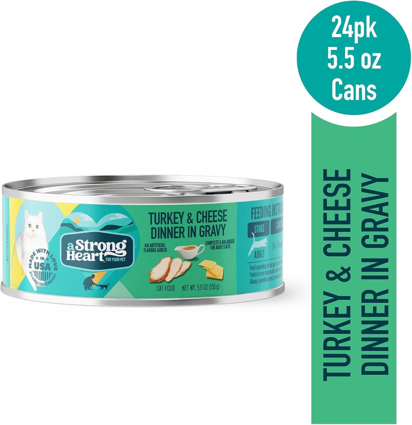 A Strong Heart Canned Wet Cat Food, Turkey & Cheese Dinner in Gravy - 5.5 oz Cans (Pack of 24), Made in The USA with Real Turkey