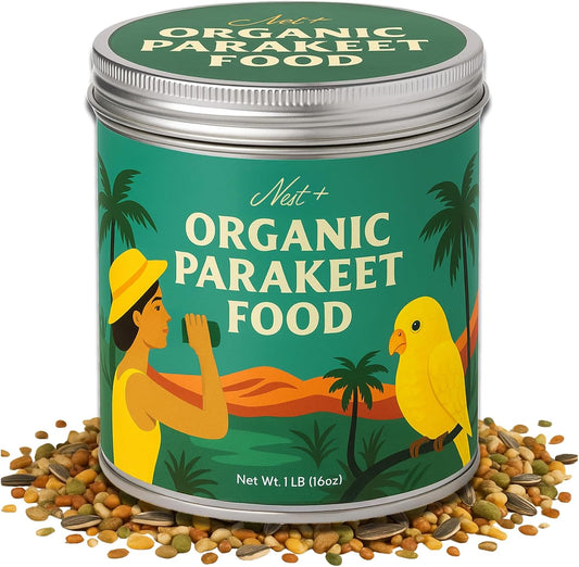100% Organic Parakeet Food – Premium Bird Seed Mix with Oat Groats, Buckwheat, Amaranth, Super Veggies & Seeds – Reusable Tin + Stainless-Steel Scooper – Made in USA, Human Grade Ingredients (1lb)